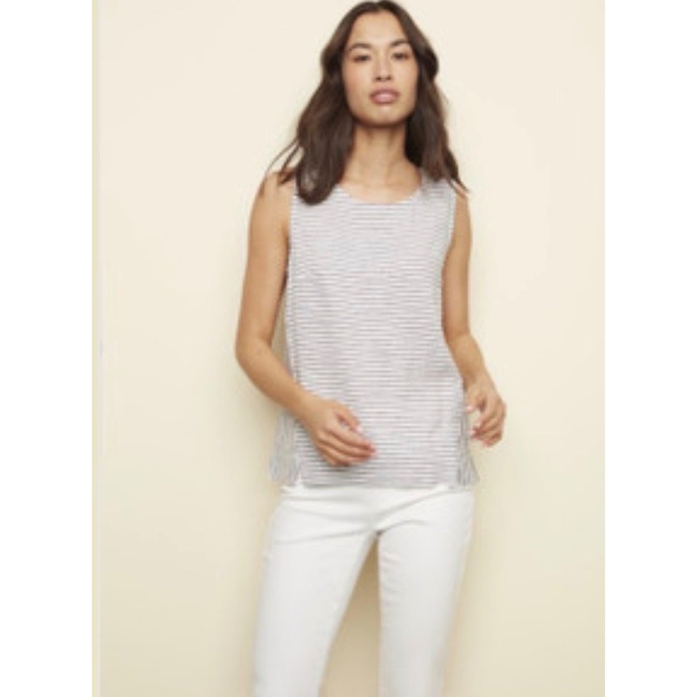 Charlie B NWOT Womens Striped Sleeveless Linen Blend Top Gray White Petite Small